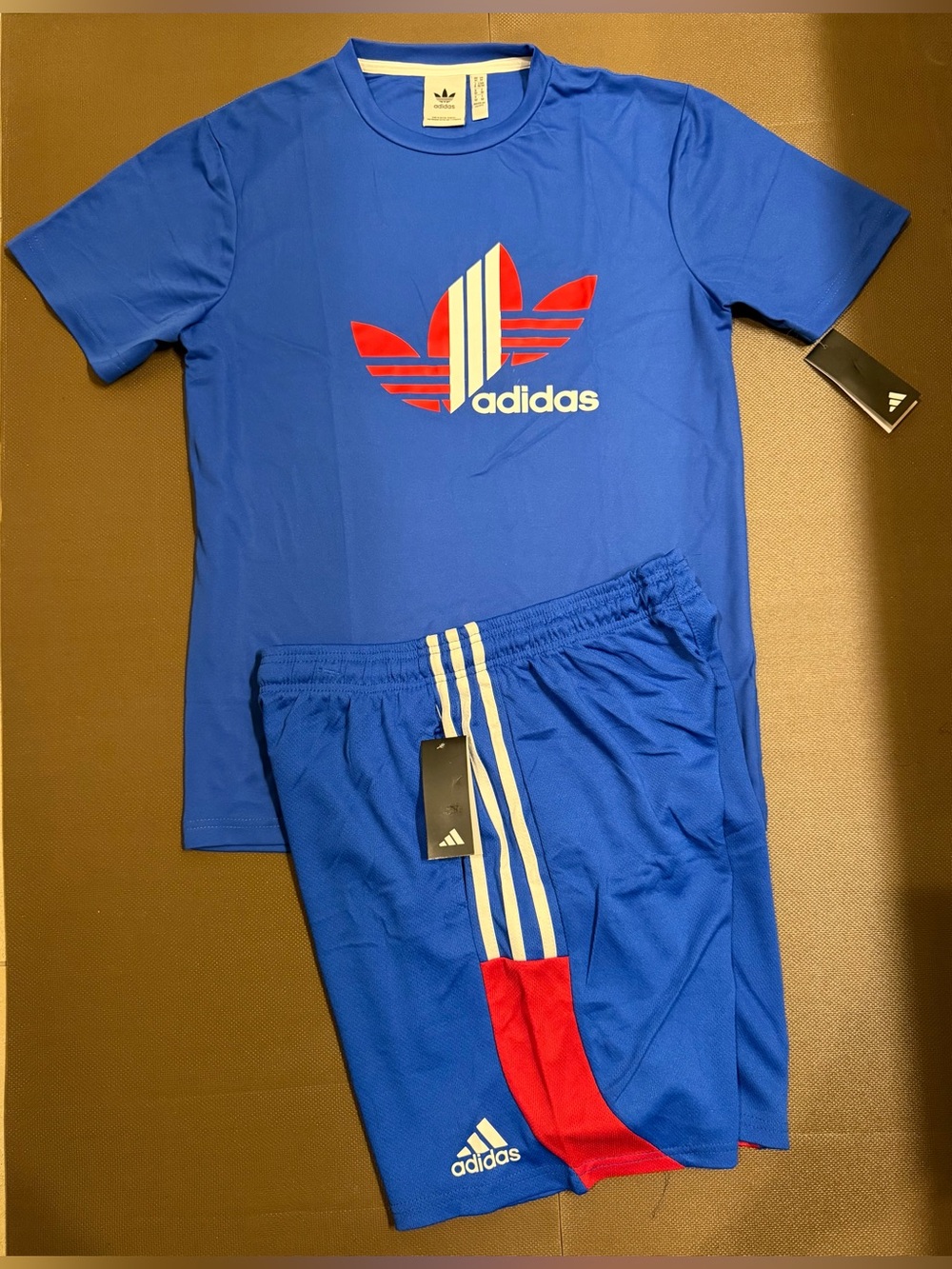 adidas 2pc Blue Athletic Shorts And Shirt With White Stripes and Red Panels
